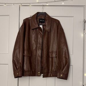 GREY LAB/VICI Oversized Brown Leather Bomber Jacket